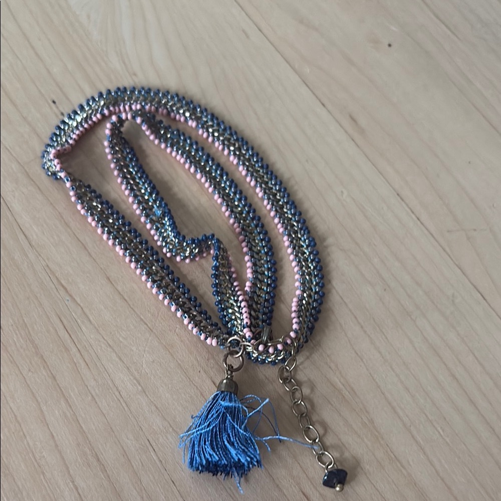 Blue and Pink Beaded Wrap Bracelet with Blue Tassel - Vintage Noonday Collection